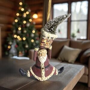 Swinging Santa Clause Christmas Ornament Chimney Tree Paper Mache Crystal Mica